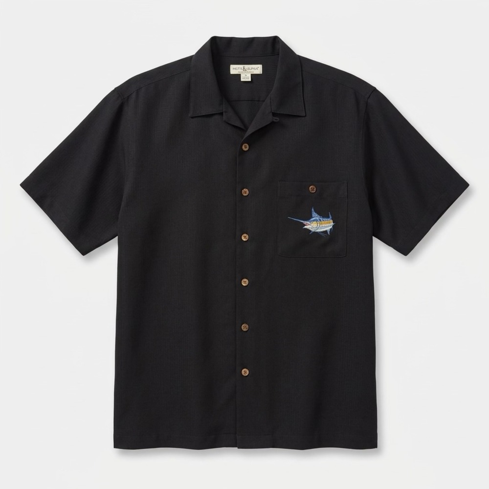 Hook & Tackle Mens Large Black Embroidered Marlin Fishing Camp Shirt M011152